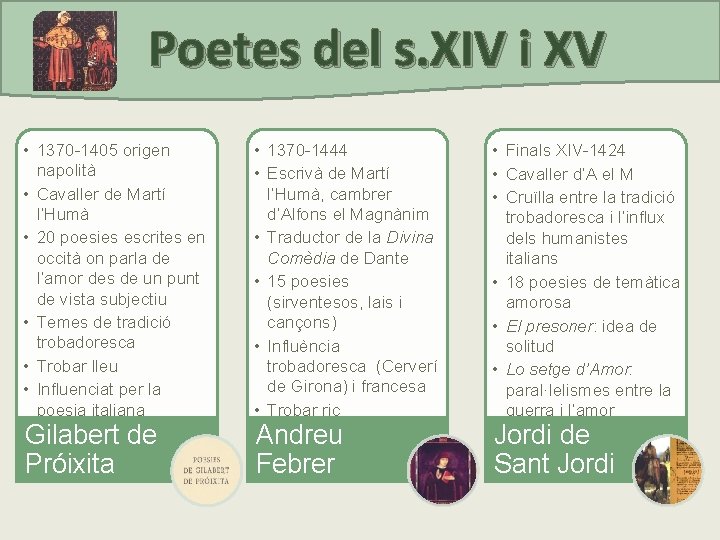 Poetes del s. XIV i XV • 1370 -1405 origen napolità • Cavaller de
