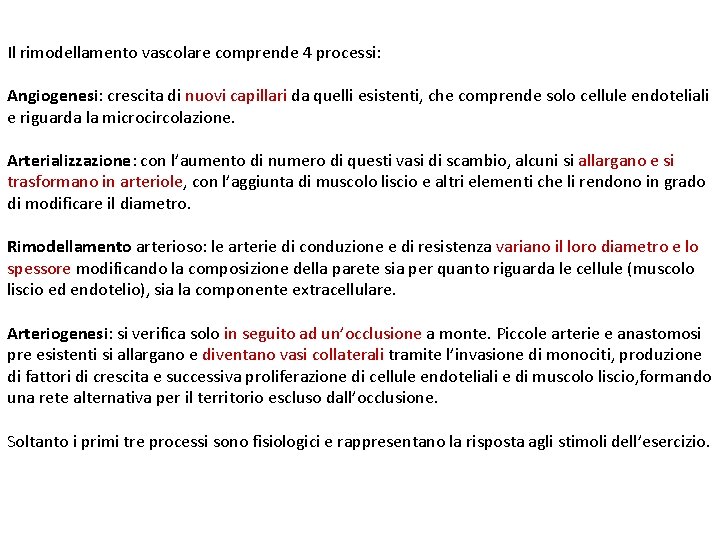 Il rimodellamento vascolare comprende 4 processi: Angiogenesi: crescita di nuovi capillari da quelli esistenti,