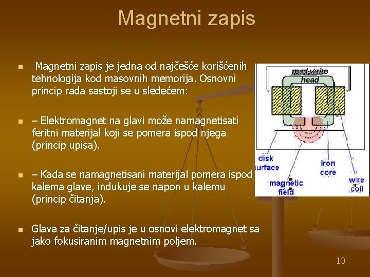 Magnetni zapis n Magnetni zapis je jedna od najčešće korišćenih tehnologija kod masovnih memorija.