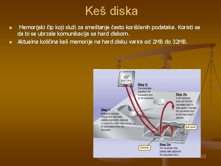 Keš diska n n Memorijski čip koji služi za smeštanje često korišćenih podataka. Koristi