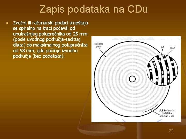 Zapis podataka na CDu n Zvučni ili računarski podaci smeštaju se spiralno na traci