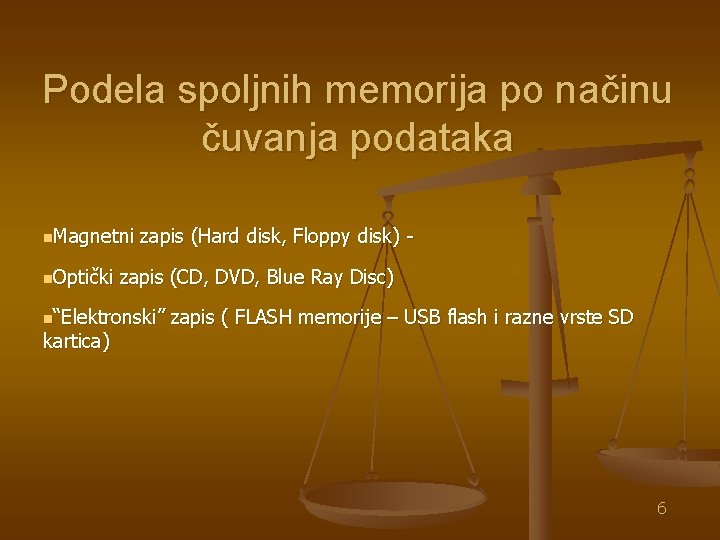 Podela spoljnih memorija po načinu čuvanja podataka n. Magnetni zapis (Hard disk, Floppy disk)