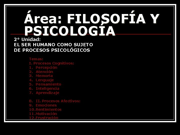 Área: FILOSOFÍA Y PSICOLOGÍA 2° Unidad: EL SER HUMANO COMO SUJETO DE PROCESOS PSICOLÓGICOS Área: FILOSOFÍA Y PSICOLOGÍA 2° Unidad: EL SER HUMANO COMO SUJETO DE PROCESOS PSICOLÓGICOS