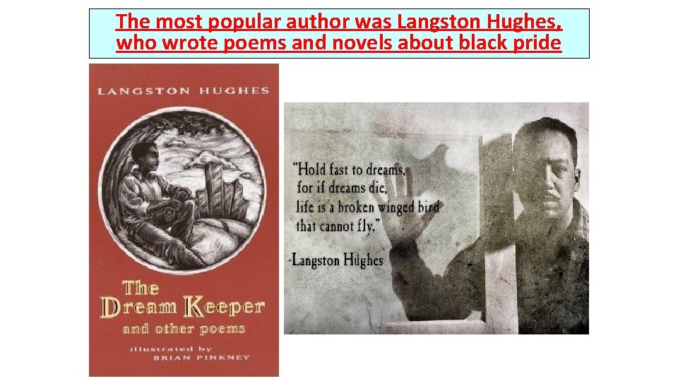 The most popular author was Langston Hughes, who wrote poems and novels about black