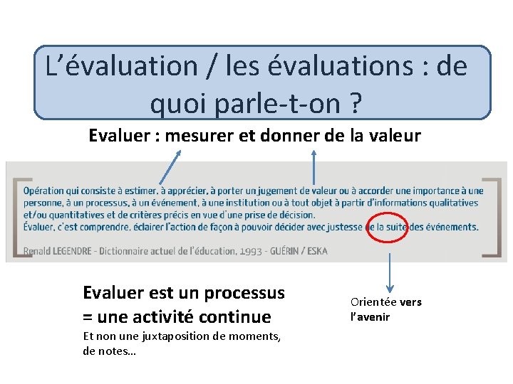 L’évaluation / les évaluations : de quoi parle-t-on ? Evaluer : mesurer et donner