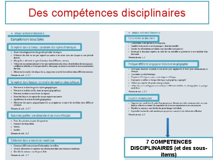Des compétences disciplinaires 7 COMPETENCES DISCIPLINAIRES (et des sousitems) 