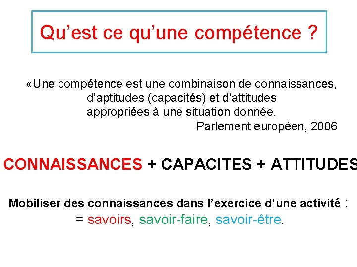Qu’est ce qu’une compétence ? «Une compétence est une combinaison de connaissances, d’aptitudes (capacités)