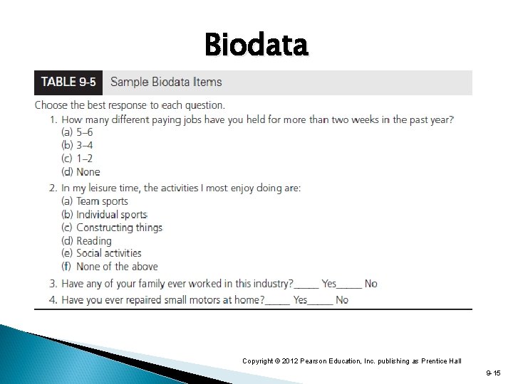 Biodata Copyright © 2012 Pearson Education, Inc. publishing as Prentice Hall 9 -15 