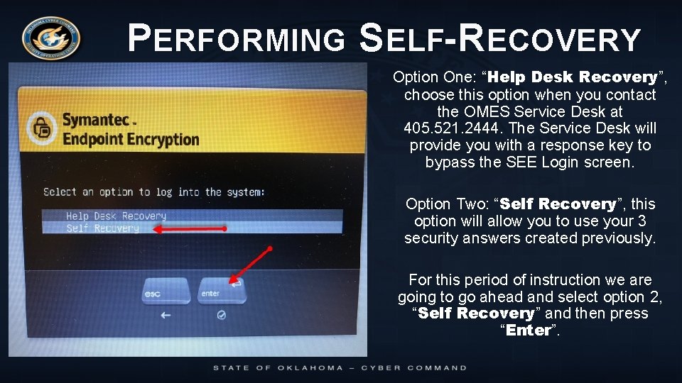 PERFORMING SELF- RECOVERY Option One: “Help Desk Recovery”, choose this option when you contact