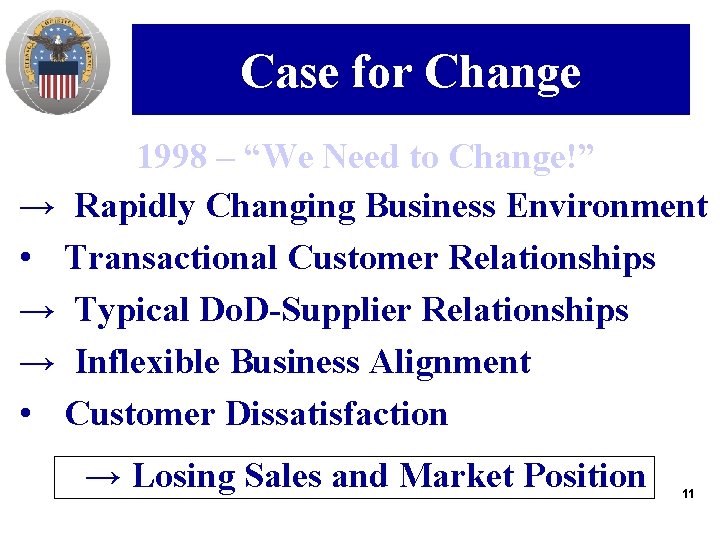 Case for Change 1998 – “We Need to Change!” → Rapidly Changing Business Environment