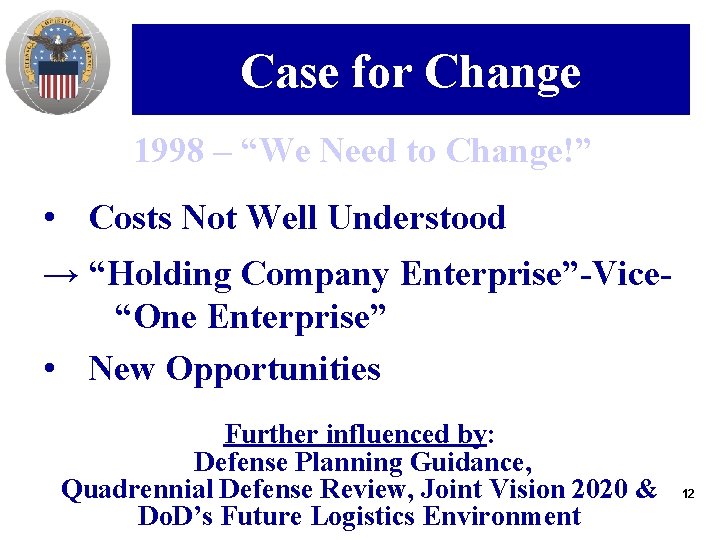 Case for Change 1998 – “We Need to Change!” • Costs Not Well Understood