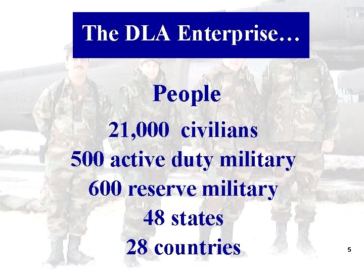 The DLA Enterprise… People 21, 000 civilians 500 active duty military 600 reserve military