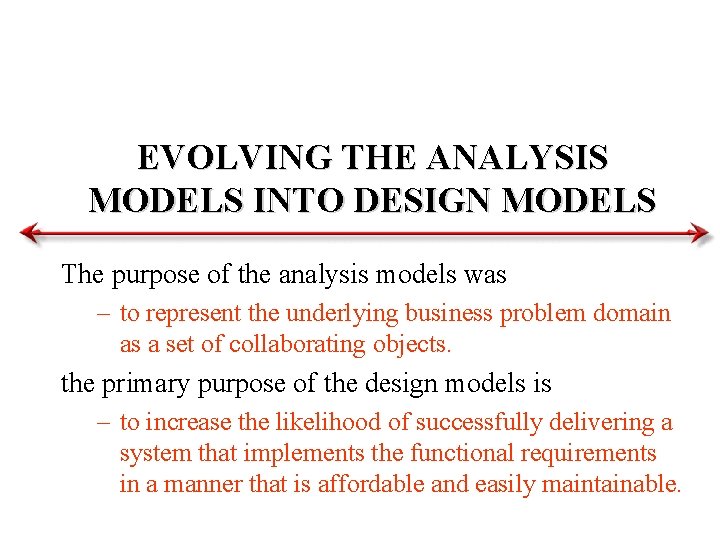 EVOLVING THE ANALYSIS MODELS INTO DESIGN MODELS The purpose of the analysis models was