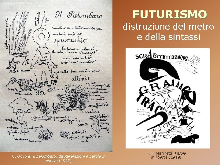 FUTURISMO distruzione del metro e della sintassi C. Govoni, Il palombaro, da Rarefazioni e