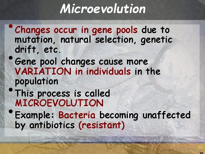 Microevolution • Changes occur in gene pools due to • • • mutation, natural