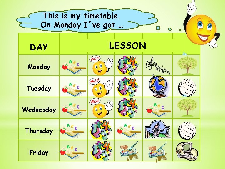 This is my timetable. On Monday I´ve got … DAY Monday Tuesday Wednesday Thursday