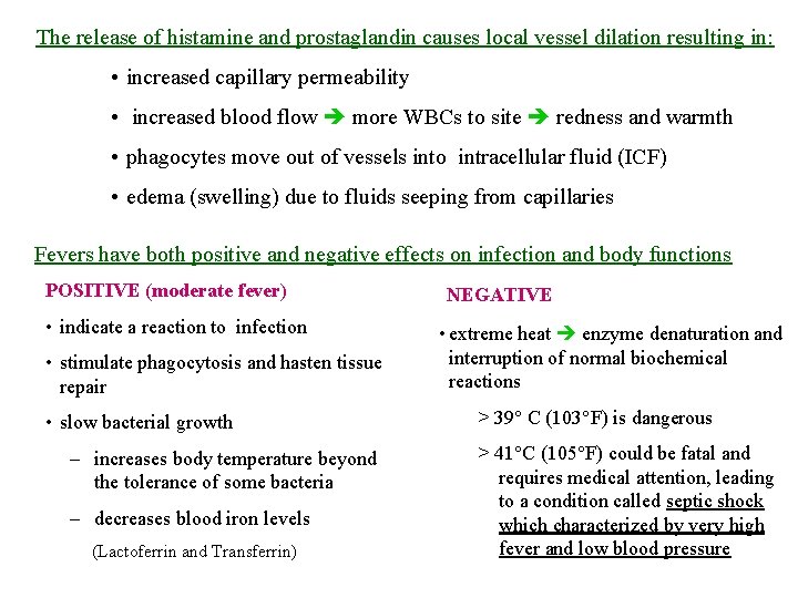 The release of histamine and prostaglandin causes local vessel dilation resulting in: • increased