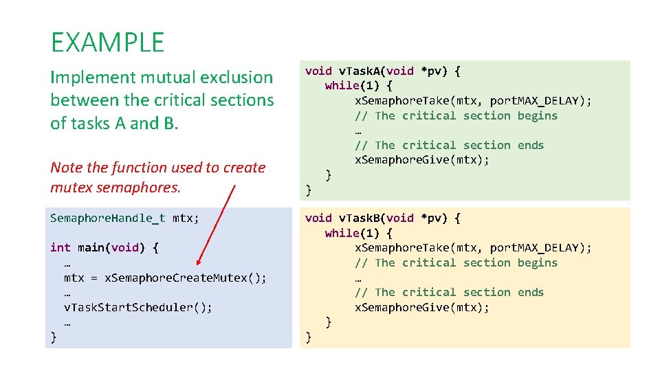 EXAMPLE Implement mutual exclusion between the critical sections of tasks A and B. Note