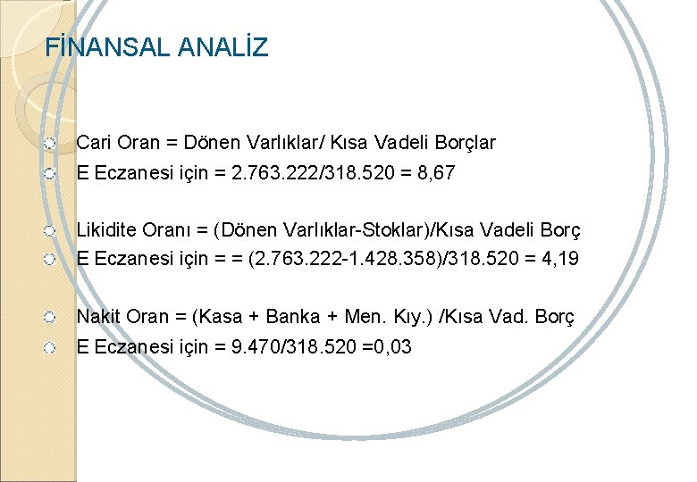 FİNANSAL ANALİZ Cari Oran = Dönen Varlıklar/ Kısa Vadeli Borçlar E Eczanesi için =