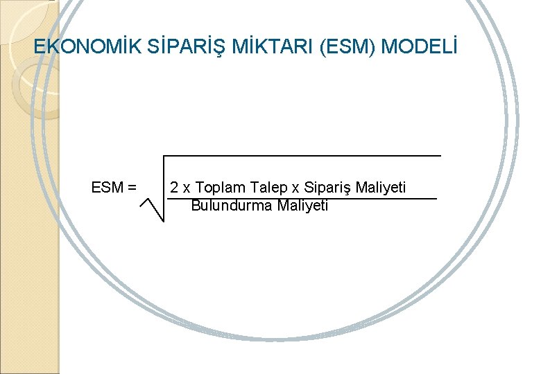 EKONOMİK SİPARİŞ MİKTARI (ESM) MODELİ ESM = 2 x Toplam Talep x Sipariş Maliyeti