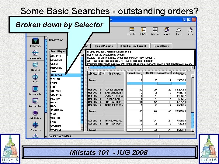 Some Basic Searches - outstanding orders? Broken down by Selector Milstats 101 - IUG Some Basic Searches - outstanding orders? Broken down by Selector Milstats 101 - IUG