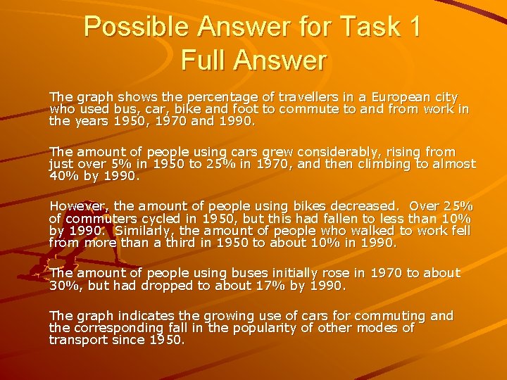 Possible Answer for Task 1 Full Answer The graph shows the percentage of travellers