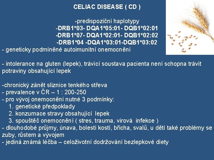 CELIAC DISEASE ( CD ) -predispoziční haplotypy -DRB 1*03 - DQA 1*05: 01 -