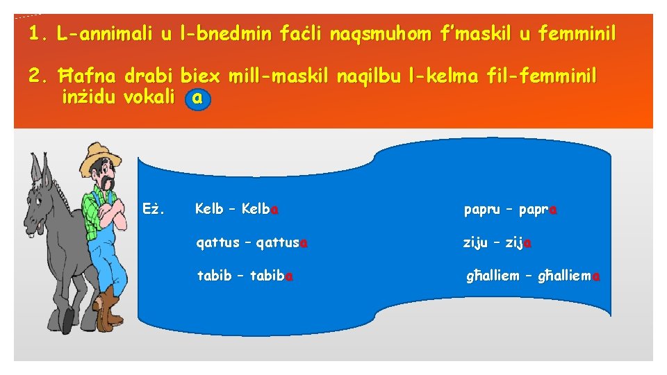 1. L-annimali u l-bnedmin faċli naqsmuhom f’maskil u femminil 2. Ħafna drabi biex mill-maskil