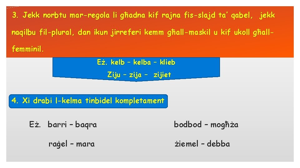 3. Jekk norbtu mar-regola li għadna kif rajna fis-slajd ta’ qabel, jekk naqilbu fil-plural,