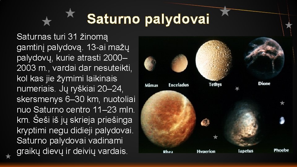 Saturno palydovai Saturnas turi 31 žinomą gamtinį palydovą. 13 ai mažų palydovų, kurie atrasti