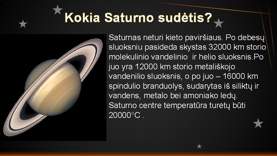 Kokia Saturno sudėtis? Saturnas neturi kieto paviršiaus. Po debesų sluoksniu pasideda skystas 32000 km