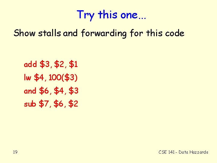 Try this one. . . Show stalls and forwarding for this code add $3,