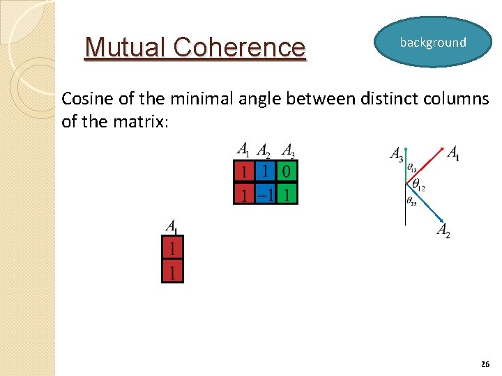 Mutual Coherence background Cosine of the minimal angle between distinct columns of the matrix: