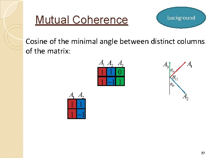 Mutual Coherence background Cosine of the minimal angle between distinct columns of the matrix: