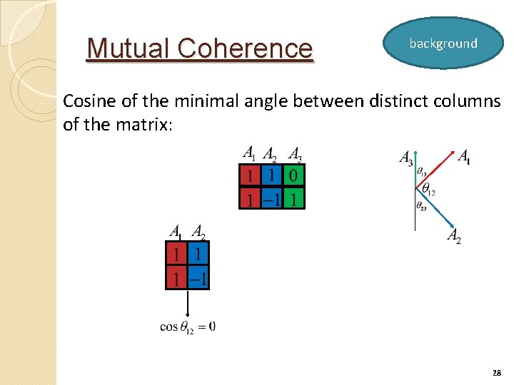Mutual Coherence background Cosine of the minimal angle between distinct columns of the matrix:
