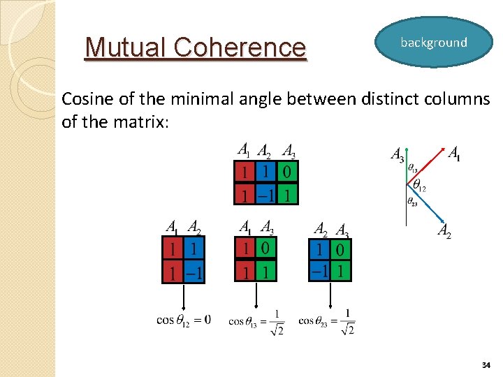 Mutual Coherence background Cosine of the minimal angle between distinct columns of the matrix: