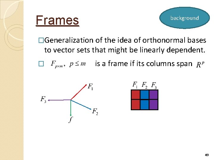 Frames background �Generalization of the idea of orthonormal bases to vector sets that might