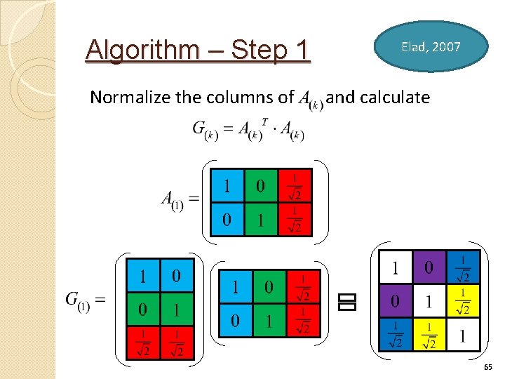 Algorithm – Step 1 Normalize the columns of Elad, 2007 and calculate 65 