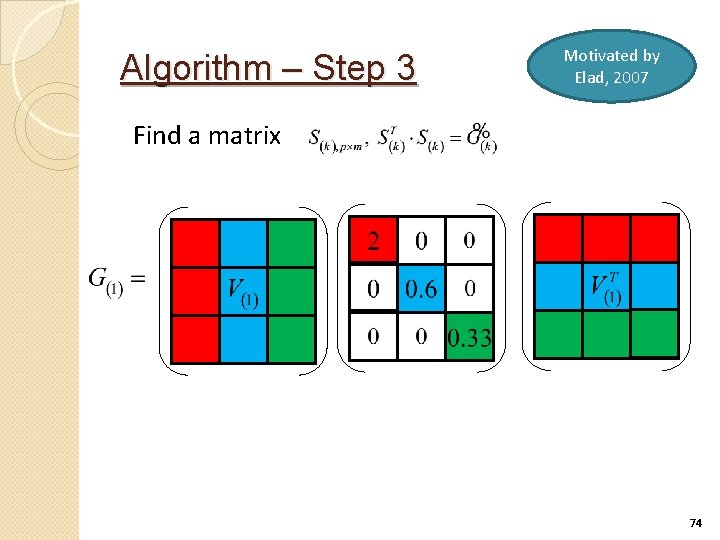 Algorithm – Step 3 Motivated by Elad, 2007 Find a matrix 74 