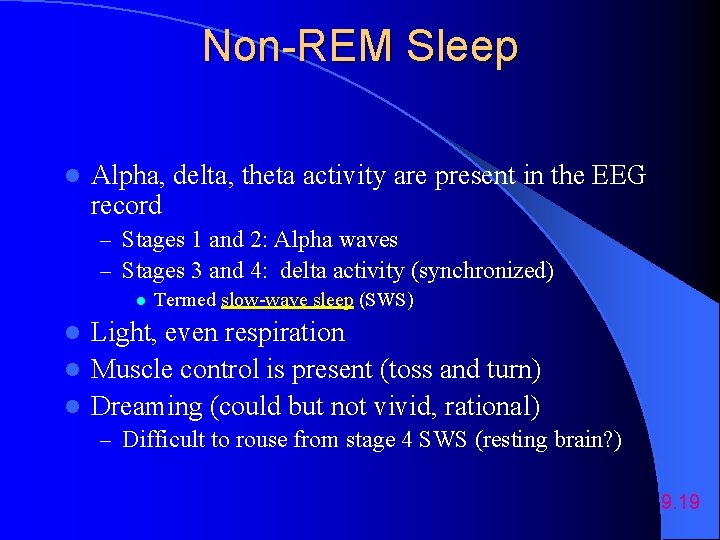 Non-REM Sleep l Alpha, delta, theta activity are present in the EEG record –