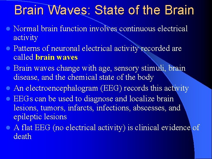 Brain Waves: State of the Brain l l l Normal brain function involves continuous
