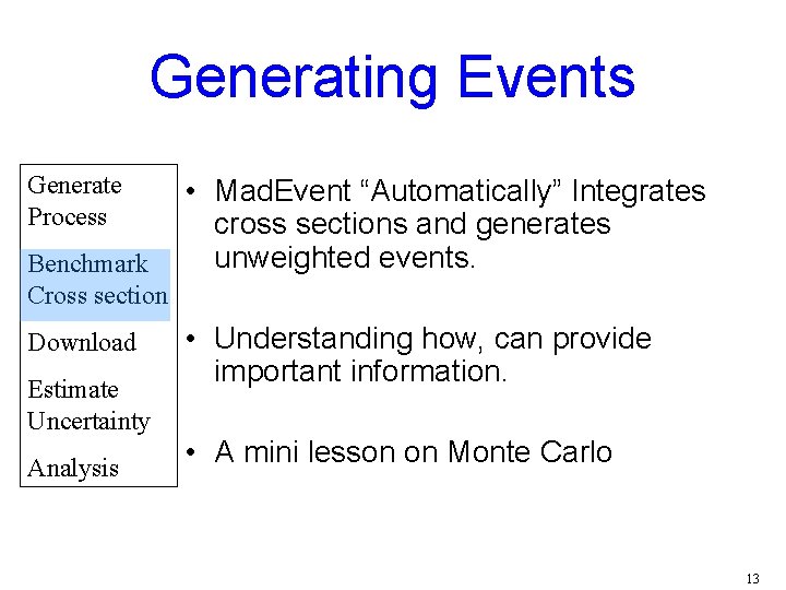 Generating Events Generate Process Benchmark Cross section Download Estimate Uncertainty Analysis • Mad. Event