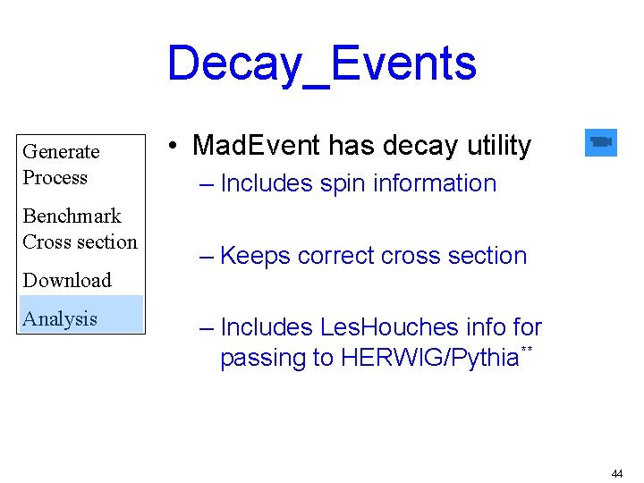 Decay_Events Generate Process Benchmark Cross section Download Analysis • Mad. Event has decay utility