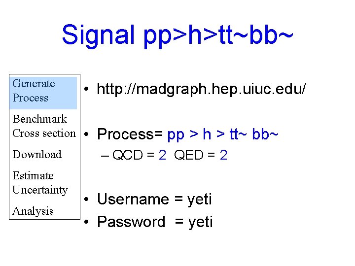 Signal pp>h>tt~bb~ Generate Process Benchmark Cross section Download Estimate Uncertainty Analysis • http: //madgraph.