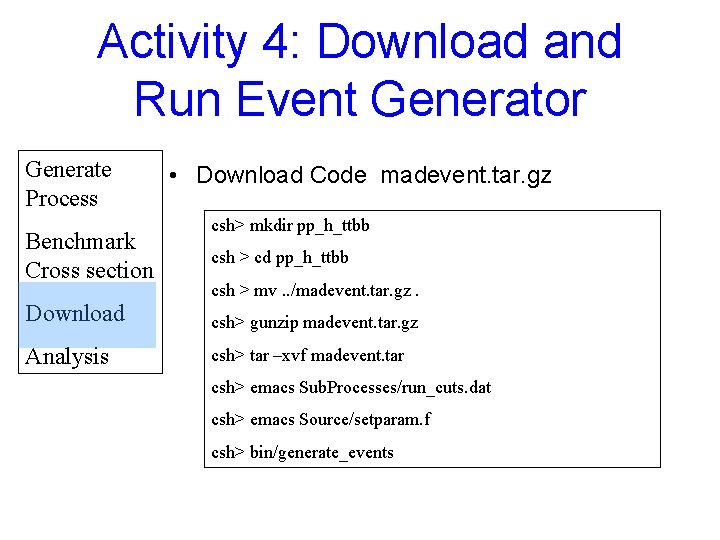 Activity 4: Download and Run Event Generator Generate Process Benchmark Cross section Download Analysis