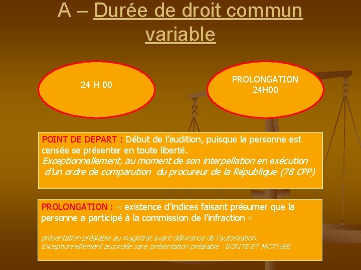 A – Durée de droit commun variable 24 H 00 PROLONGATION 24 H 00