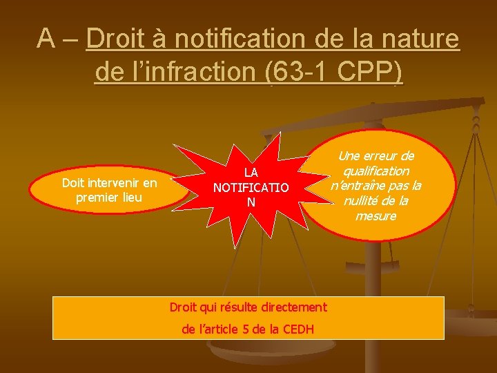 A – Droit à notification de la nature de l’infraction (63 -1 CPP) Doit