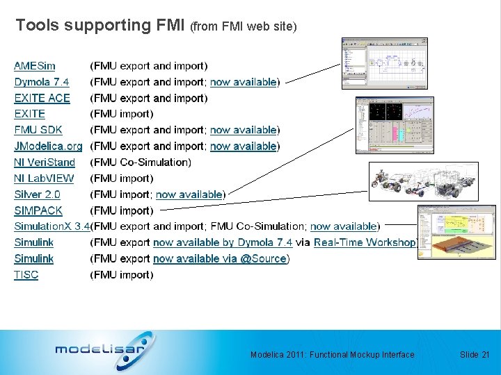 Tools supporting FMI (from FMI web site) Modelica 2011: Functional Mockup Interface Slide 21