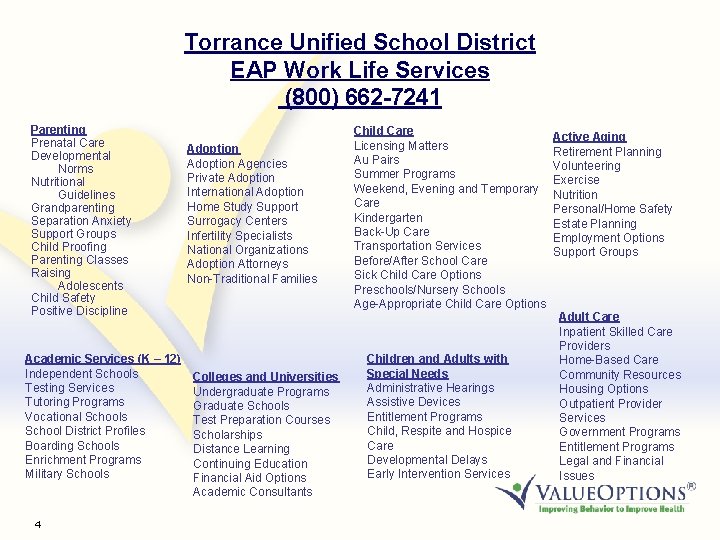 Torrance Unified School District EAP Work Life Services (800) 662 -7241 Parenting Prenatal Care