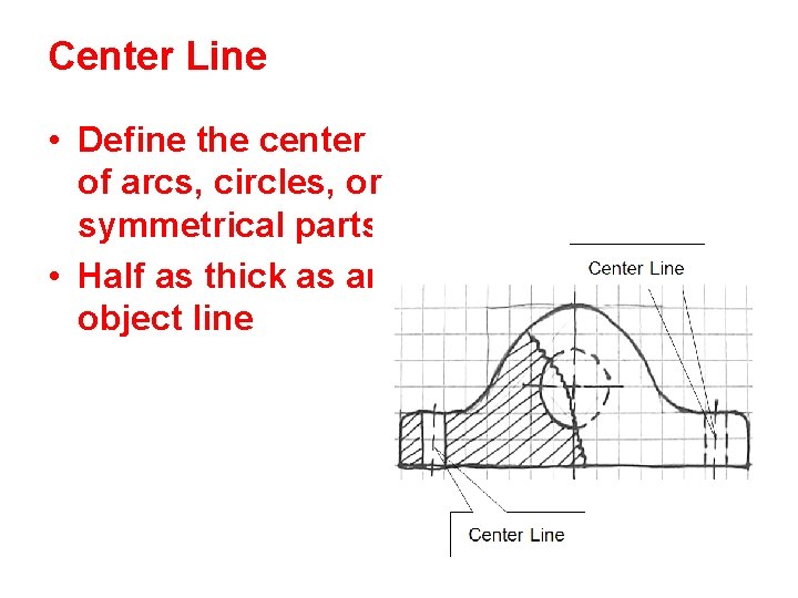 Center Line • Define the center of arcs, circles, or symmetrical parts • Half